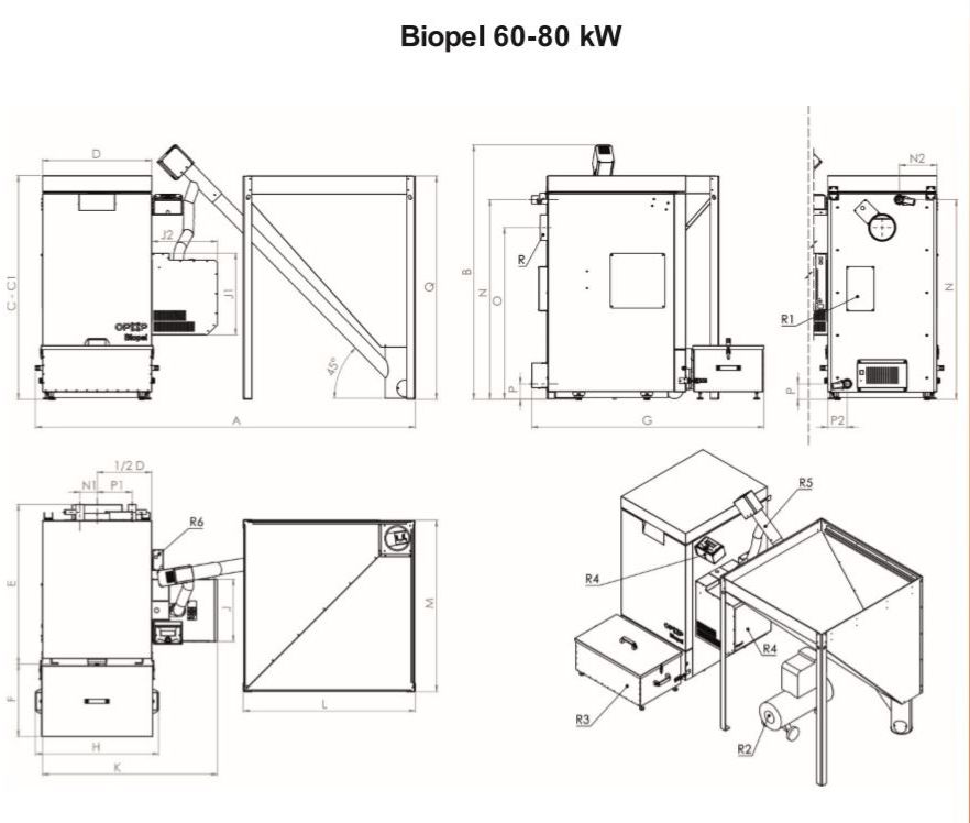 Technische Abmessung und Zeichnung für Pelletkessel Biopel Premium V9 von OPOP