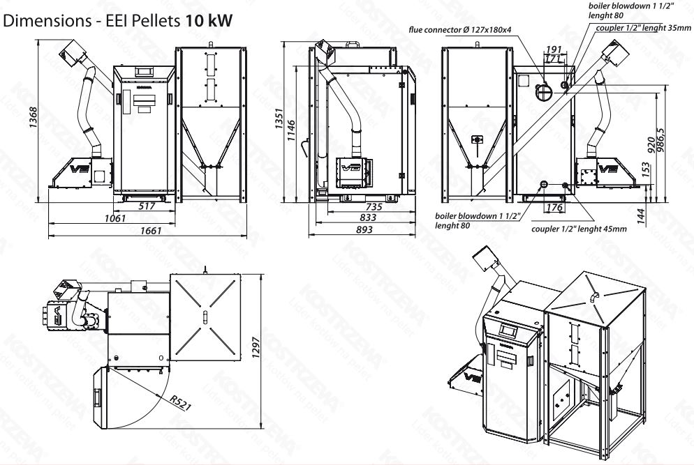 Abmessungen der Pelletheizung EEI Pellets 10 kW