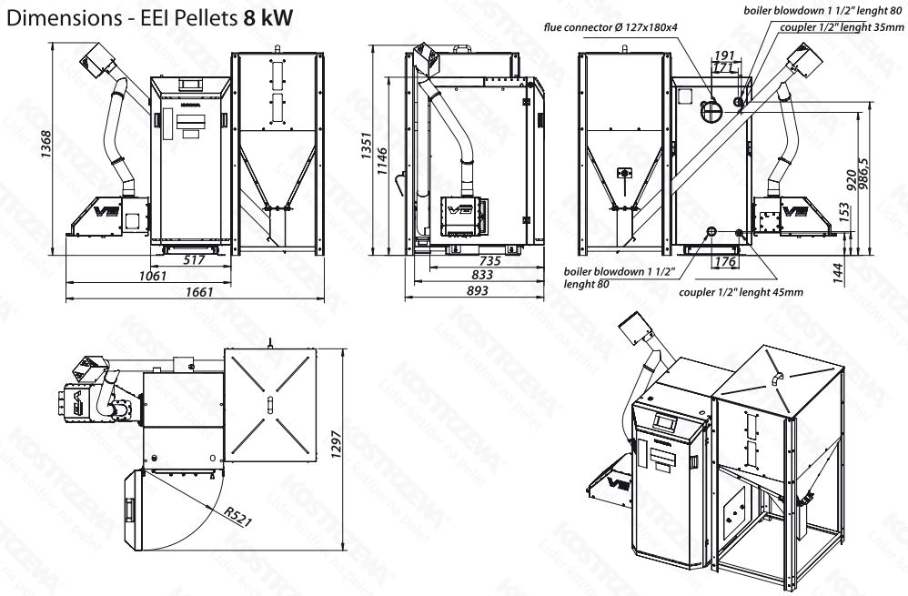 Abmessungen der Pelletheizung EEI Pellets 8 kW