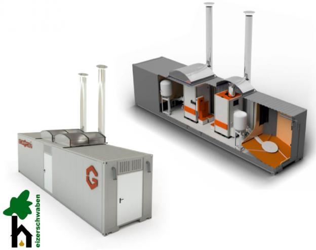 Mobiler Heizcontainer 100 bis 600 kW - Pellets und Hackschnitzel - Heizzentrale für Industrie mit BAFA